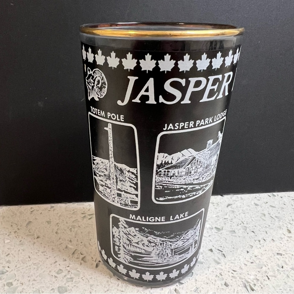 Vintage DOMINION Jasper Park Canada Gold Rimmed Souvenir Glass | Frosted Black